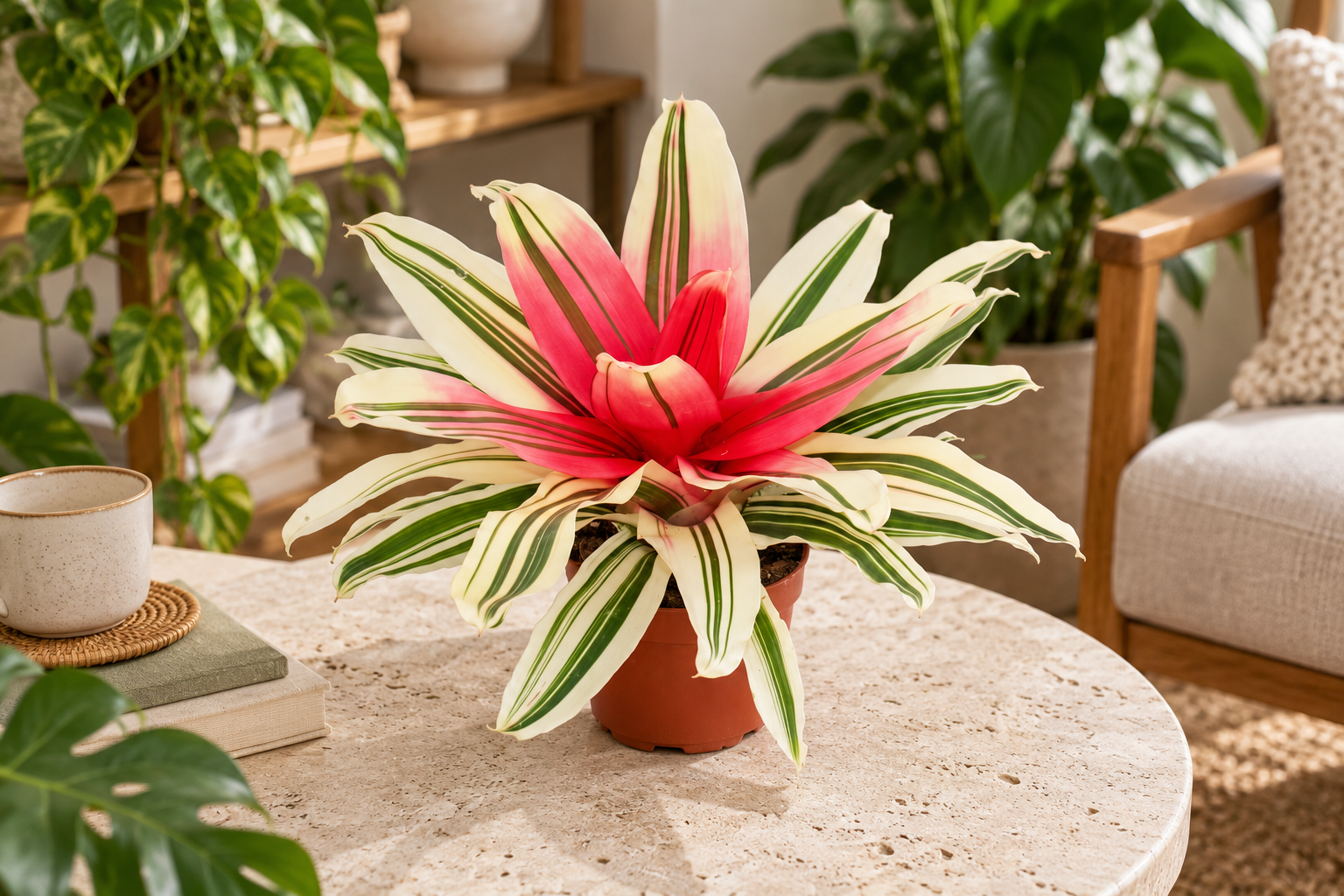 KI-gestaltete Wohnszene von Neoregelia 'Van Durme' in der Größe der jungen Sortimentspflanze