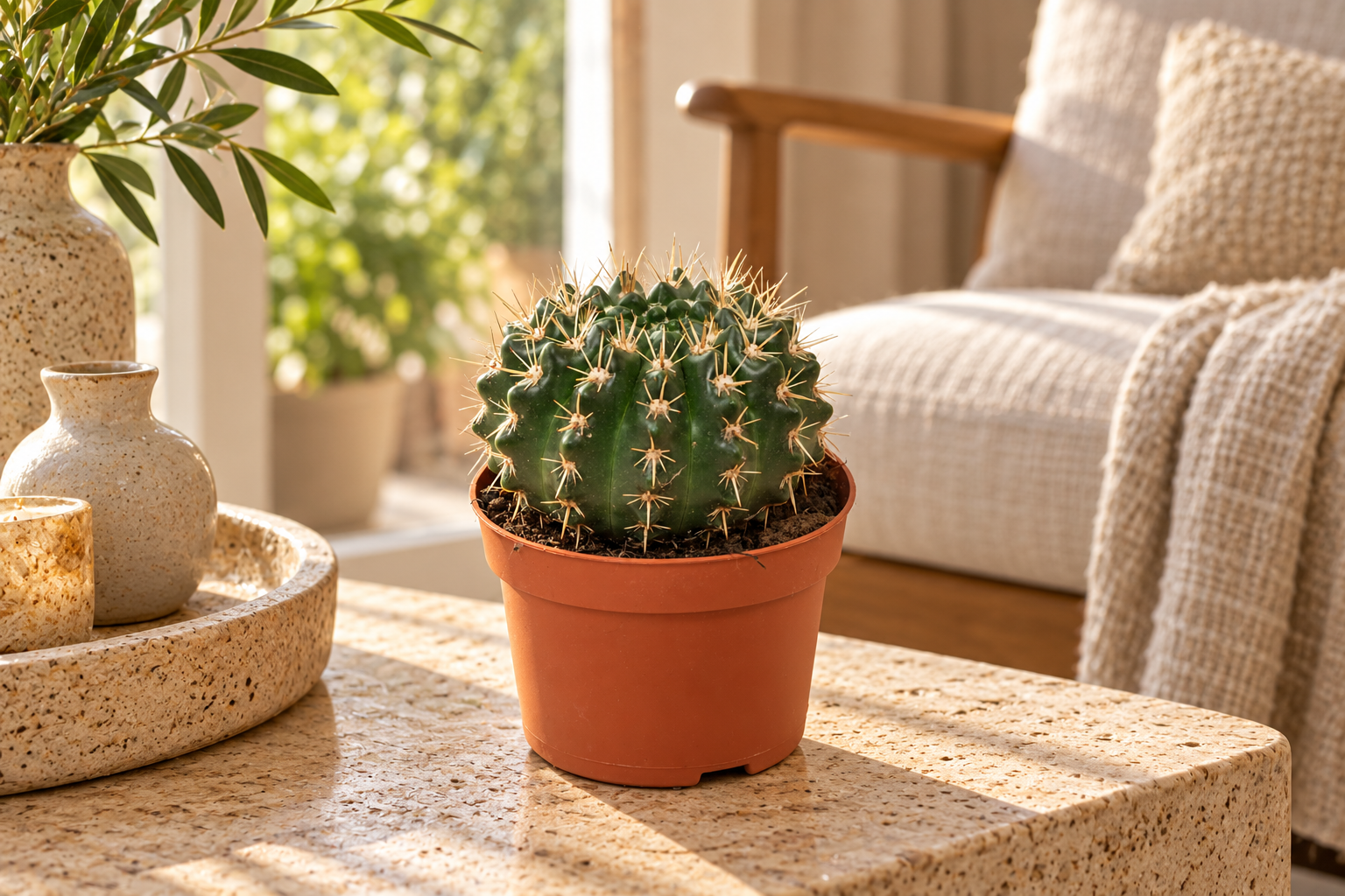 KI-gestaltete Wohnszene mit Notocactus submammulosus auf Basis der jungen Sortimentspflanze