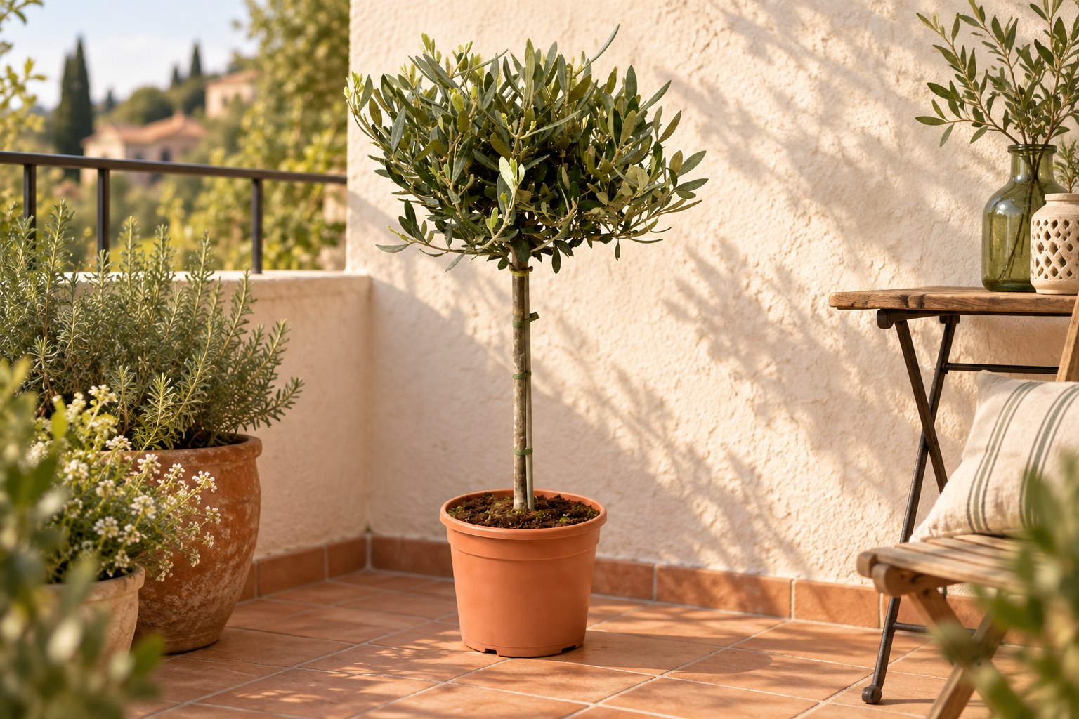 Junger Olivenbaum auf einem sonnigen Balkon – KI-gestaltete Gartenszene