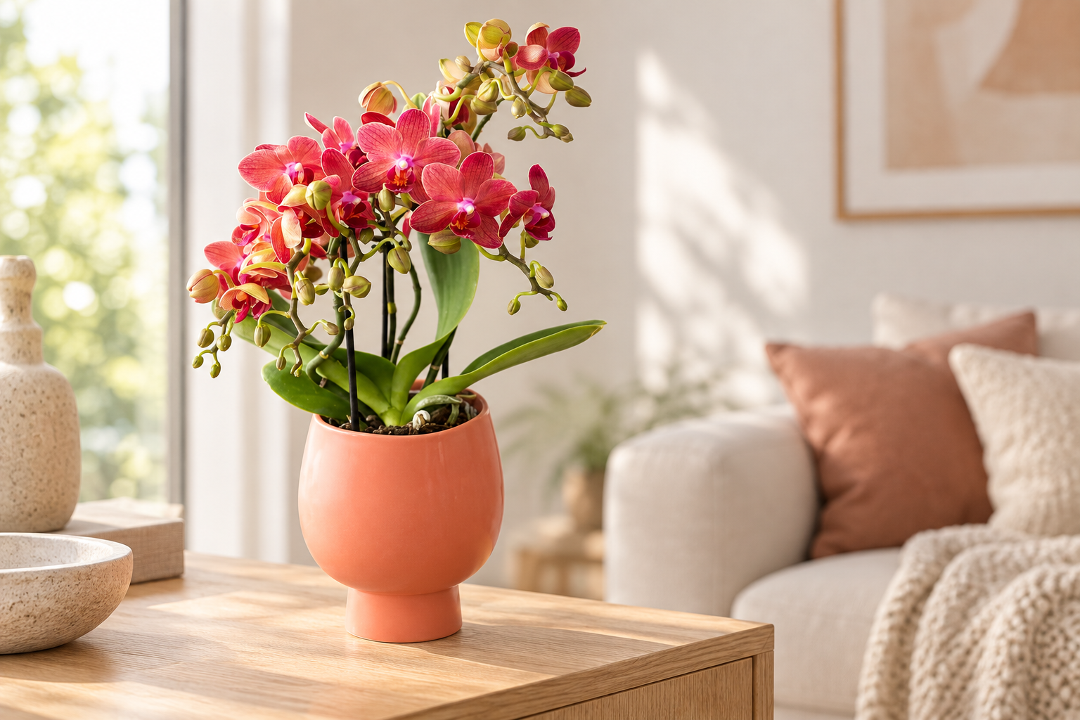 Rote Phalaenopsis in einer KI-gestalteten hellen Wohnzimmerszene