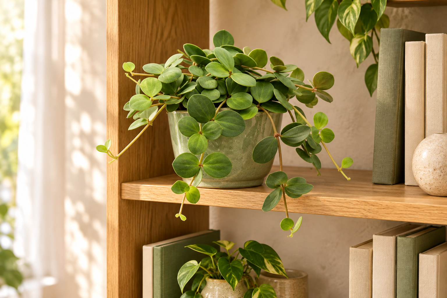 Peperomia Hope im salbeigrünen Übertopf auf einem offenen Bücherregal mit unbeschrifteten Büchern