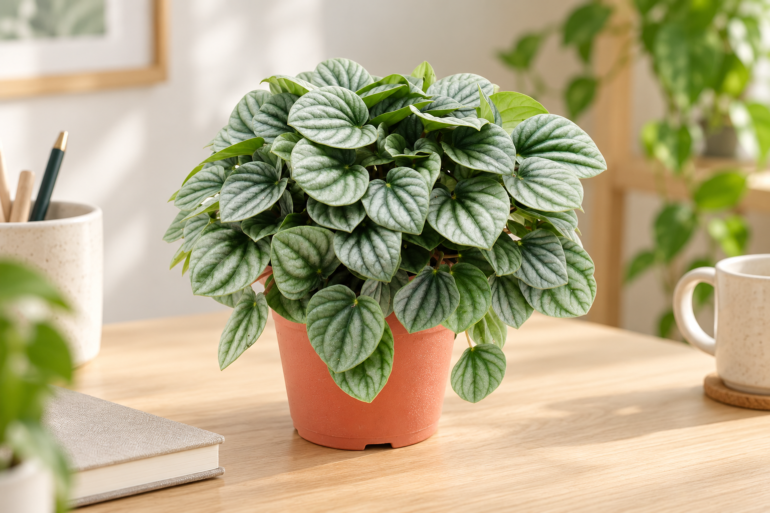 KI-gestaltete Wohnszene von Peperomia caperata 'Moonlight' in der Größe der jungen Sortimentspflanze