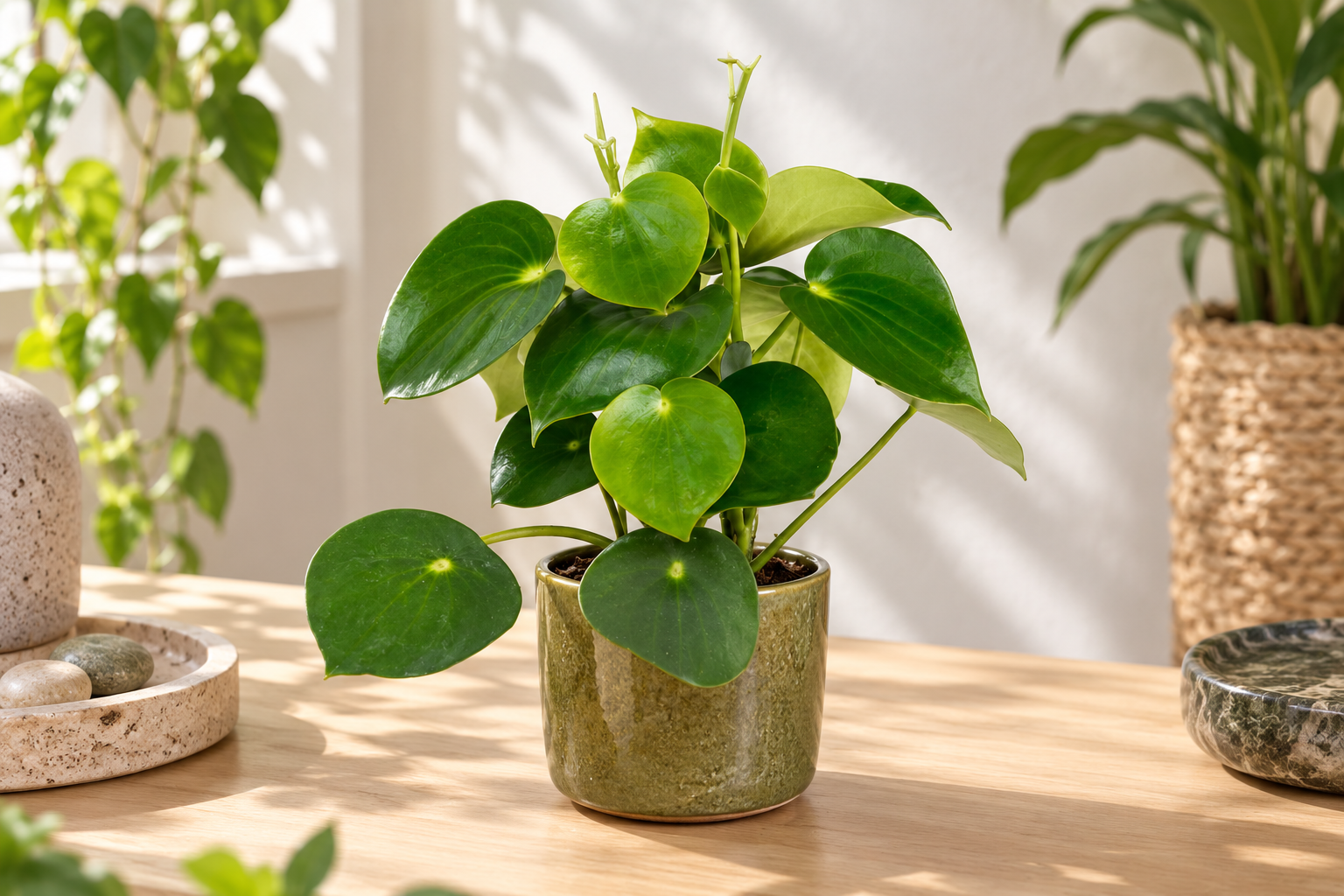 KI-gestaltete Wohnszene mit Peperomia polybotrya 'Raindrop' in den Proportionen der jungen Sortimentspflanze