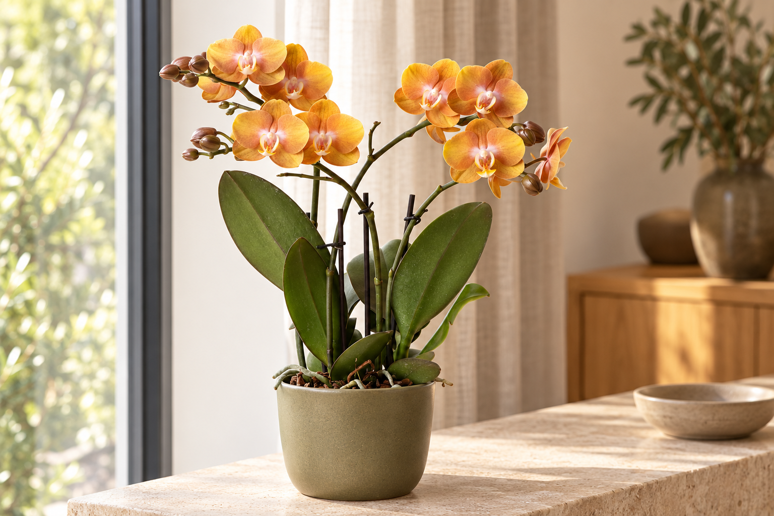 KI-gestaltete Las Vegas mit orangegoldenen Blüten und grüner Rosette im olivfarbenen Übertopf auf einer hellen Steinkonsole