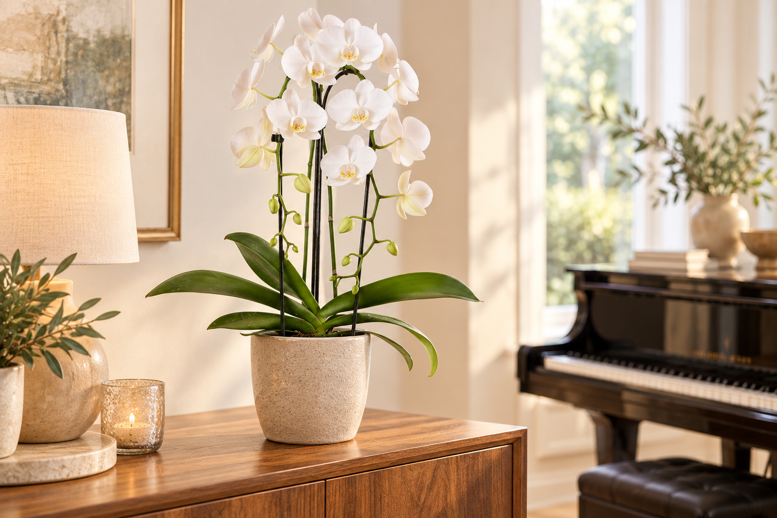 Weiße Phalaenopsis Niagara Fall mit hohen geführten Blütenbögen auf einer hellen Holzkommode, KI-Szene