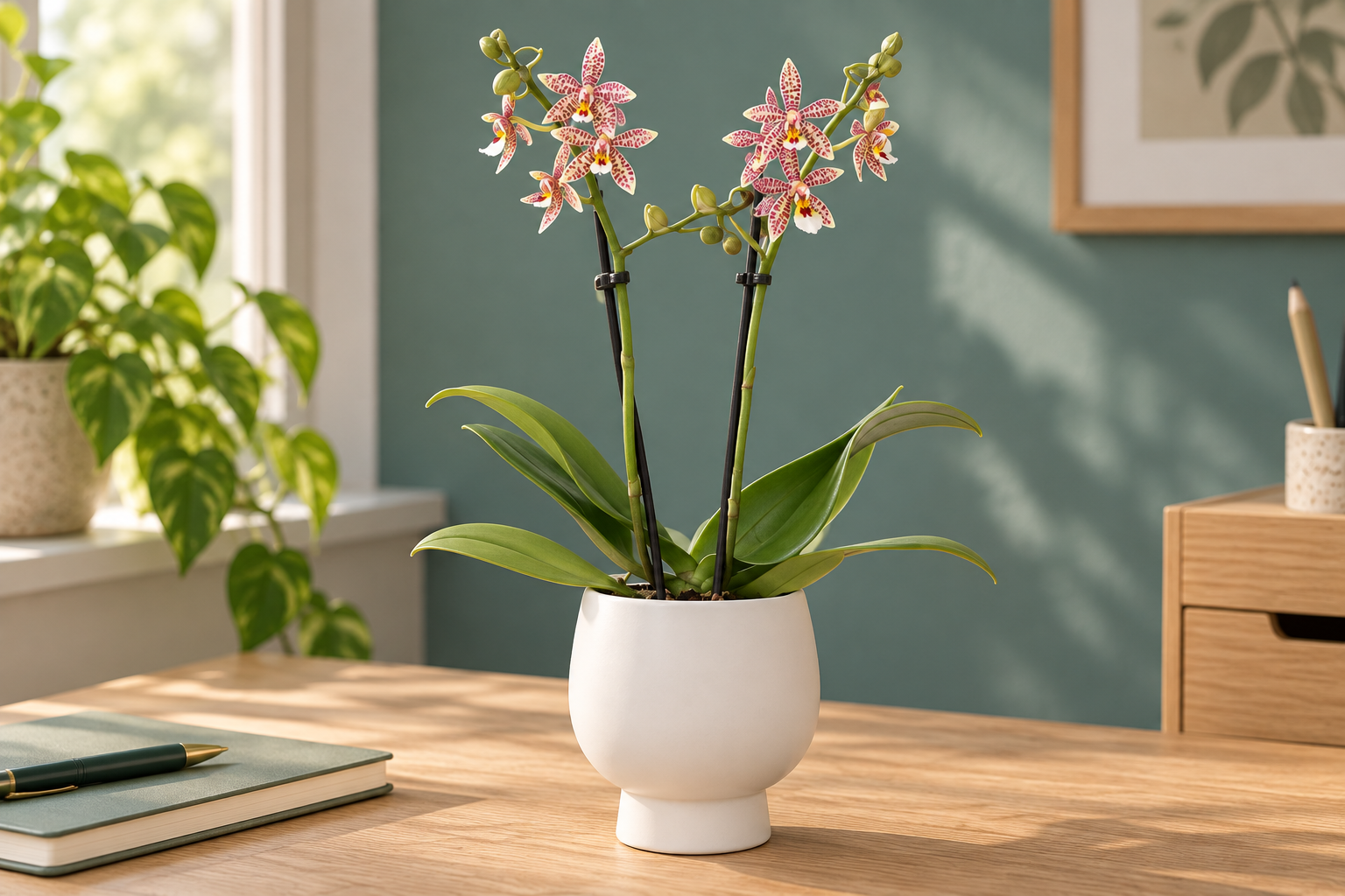 Phalaenopsis Spider in einer hellen warmen KI-Arbeitsplatzszene
