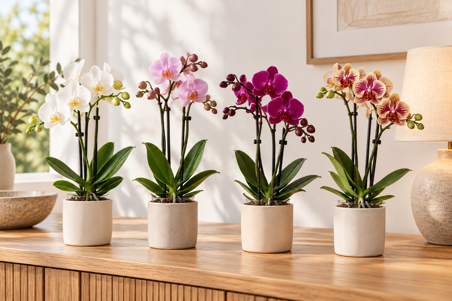 Vier kleine Phalaenopsis-Orchideen mit unterschiedlichen Blütenfarben auf einem hellen Sideboard, KI-Beispielszene
