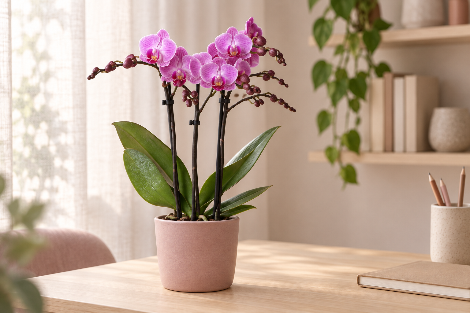 Phalaenopsis Vienna in einer hellen KI-gestalteten Szene nach dem Original-Shopbild