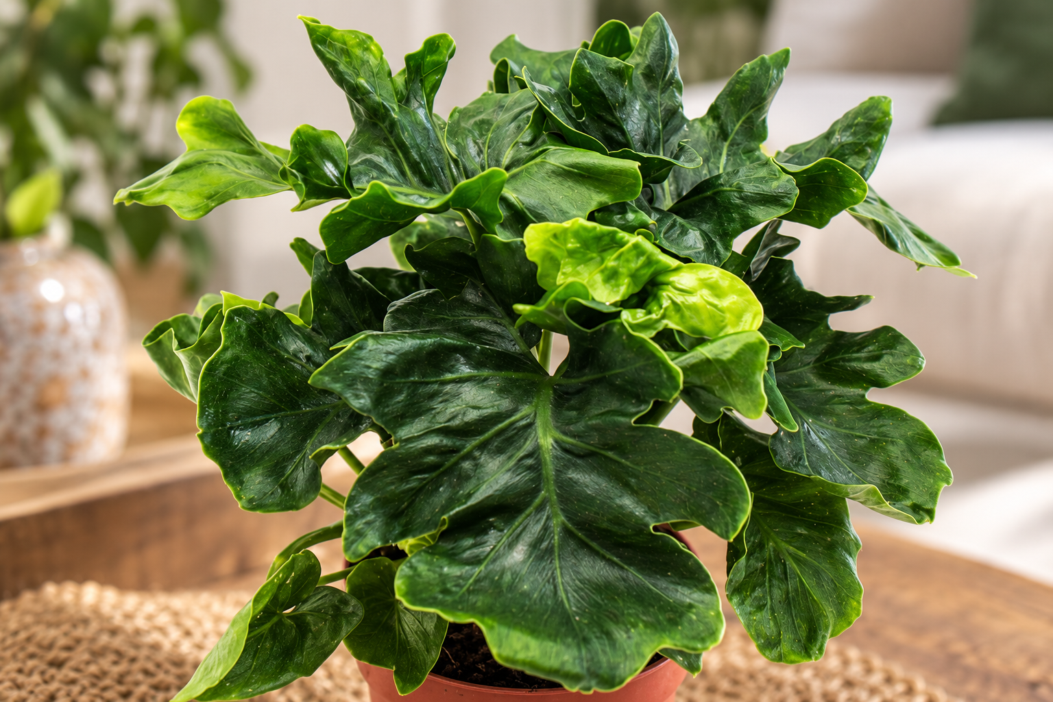 Vergrößerte KI-Detailansicht von Philodendron selloum 'Atom'