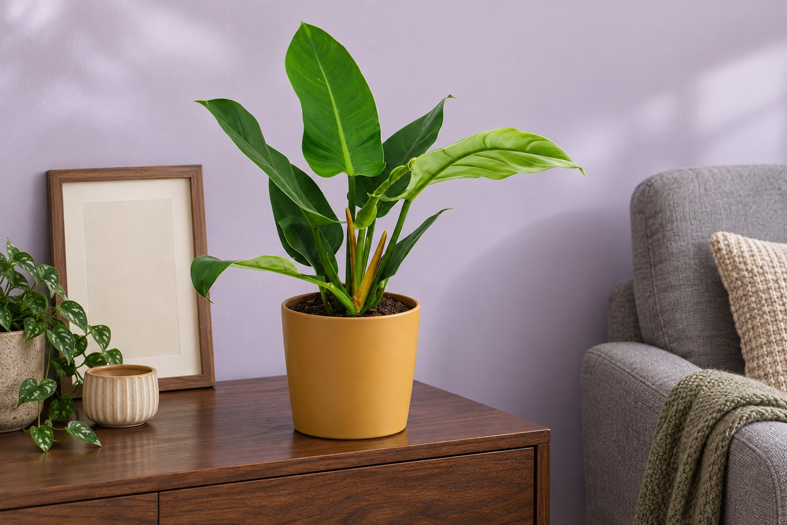 Philodendron Imperial Green in einer KI-gestalteten Szene nach dem Original-Shopbild