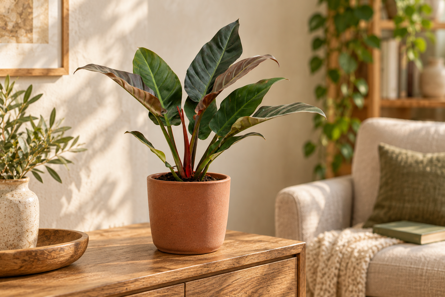Philodendron Imperial Red mit bronzefarbenem Austrieb in einem terrakottafarbenen Übertopf auf einem Holzsideboard