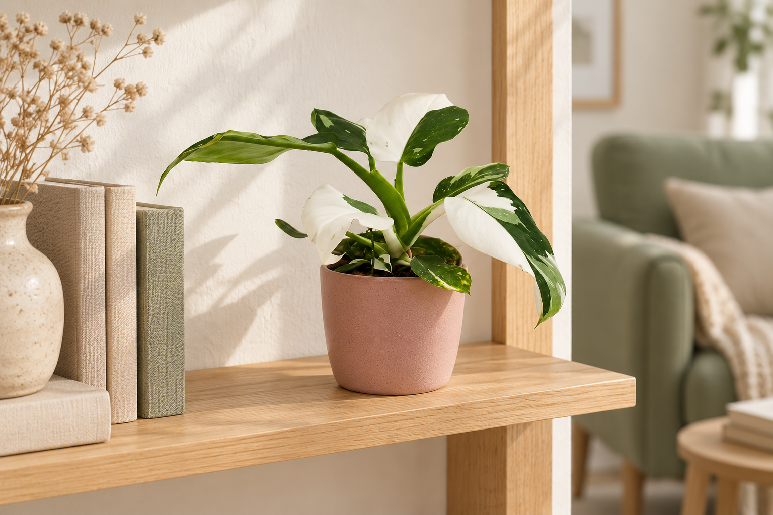 Junger Philodendron White Princess mit grün-weißen Blättern auf einem hellen offenen Bücherregal in einer KI-gestalteten Wohnszene