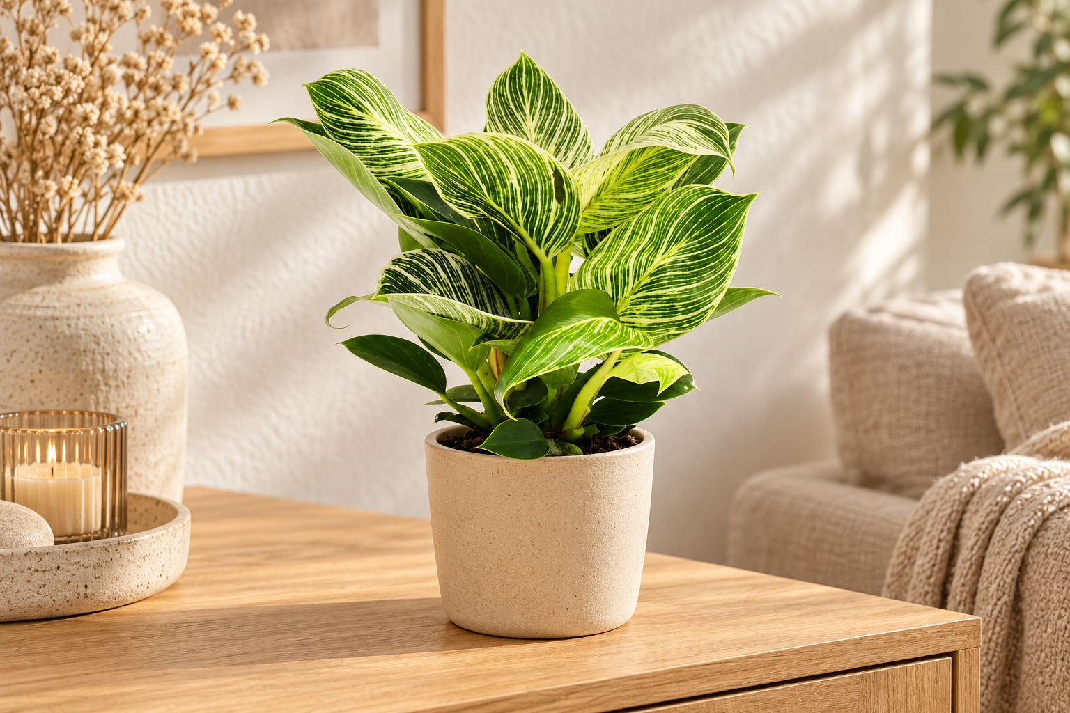 Junger Philodendron White Wave mit cremeweiß gestreiften Blättern auf einem hellen Sideboard
