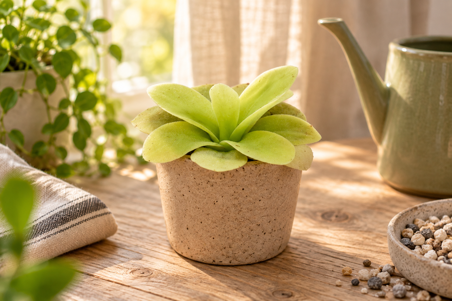 Junge breite hellgrüne Pinguicula-gigantea-Rosette im kleinen sandfarbenen Topf auf einem hellen Pflanztisch