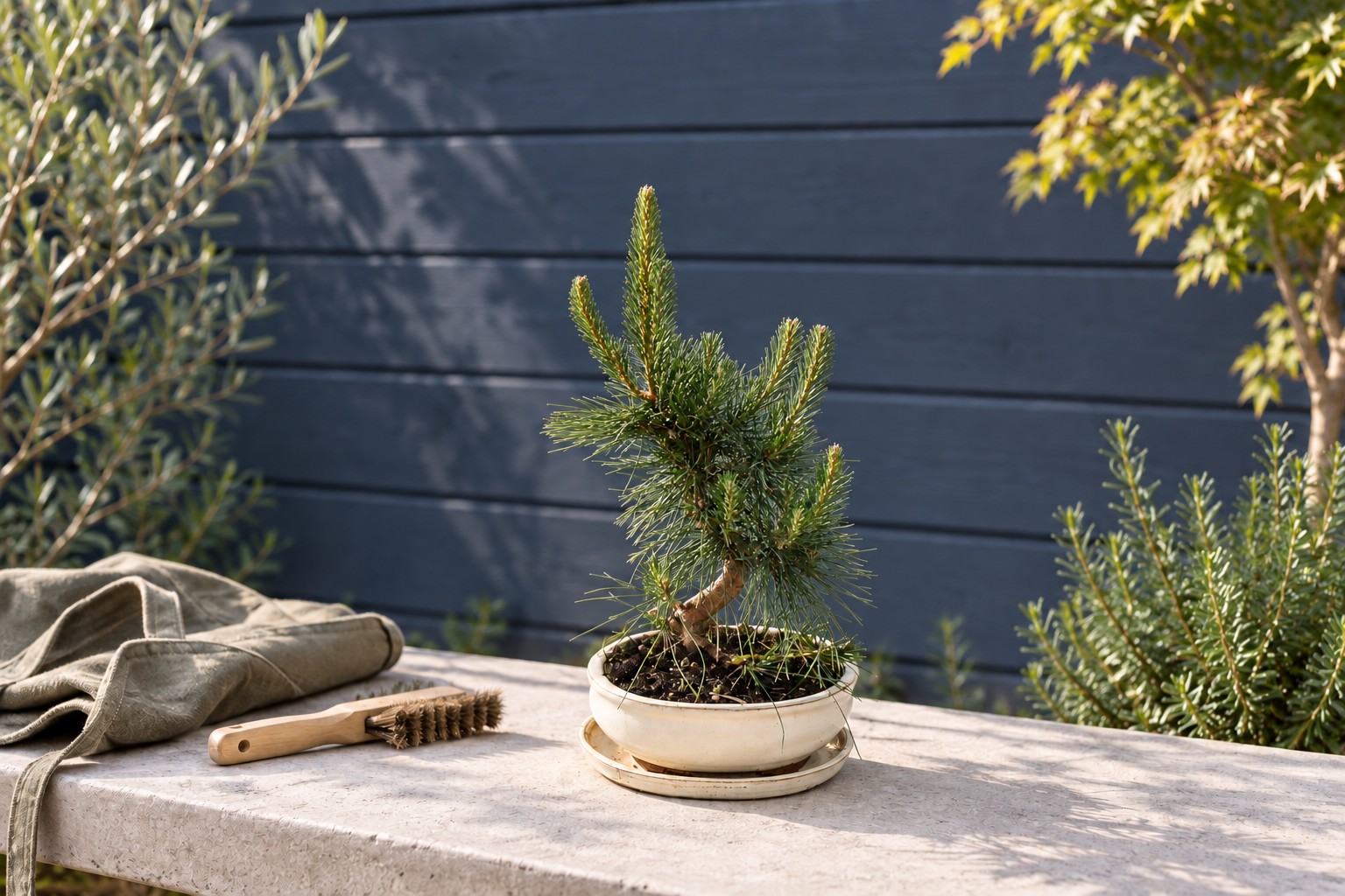 Japanische Schwarzkiefer als Bonsai in einer KI-gestalteten Szene nach dem Original-Shopbild