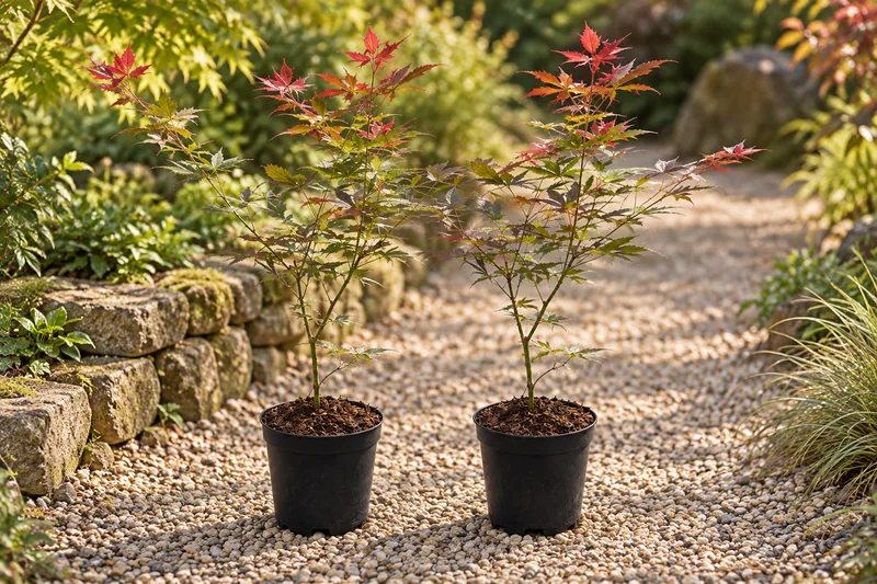 Fächerahorn Sumi-nagashi in einer passenden KI-gestalteten Gartenansicht. Zwei junge offen verzweigte Ahorne mit saisonal gemischten rötlichen Blattfarben entsprechend dem Set.