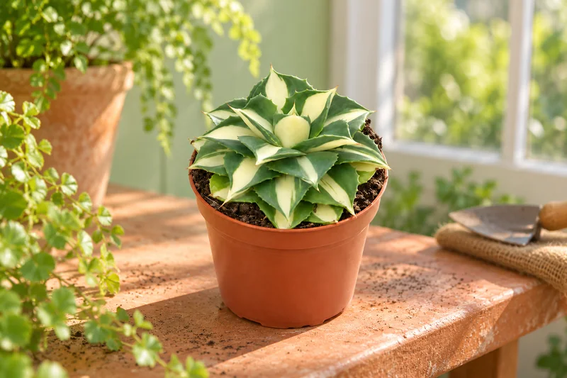 Agave potatorum Gold als einzelne kleine Rosette in KI-gestalteter lichtreicher Kulturszene
