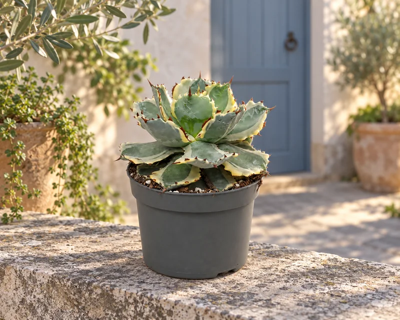 Agave potatorum Variegata als einzelne kleine Rosette in KI-gestalteter lichtreicher Kulturszene
