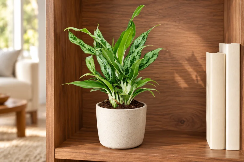 Aglaonema Greyhound mit schmalen silbrig-grün gesprenkelten Blättern und hellen Stielen in einem offenen hellen Regal