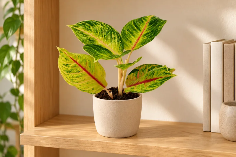 Junge Aglaonema Iguana Red mit rot geaderten gelbgrünen Blättern in einem hellen offenen Holzregal