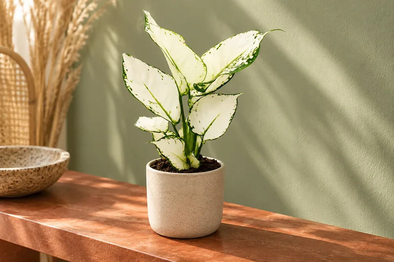 Junge Aglaonema White Joy mit cremeweißen zugespitzten Blättern und feinen grünen Rändern auf einer hellen Wohnkonsole