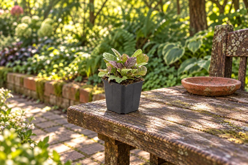 Junger Günsel Burgundy Glow mit grün-weinrot gemusterten Blättern im 9-cm-Anzuchttopf auf einer Gartenbank