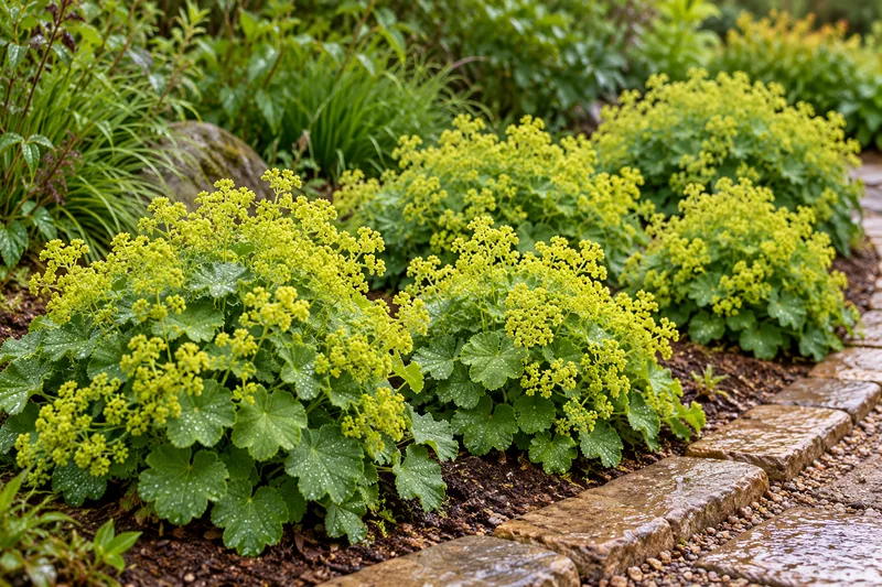 Eingewachsene Frauenmantel-Polster mit gelbgrünen Blüten und Tropfen auf den gelappten Blättern an einem Gartenweg, KI-gestaltete Szene