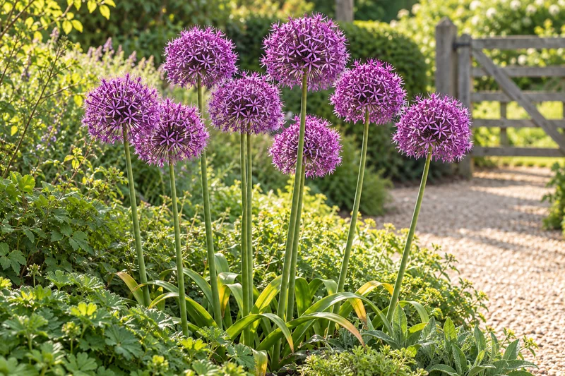 Zierlauch Purple Rain in einer passenden KI-gestalteten Gartenansicht. Beispiel einer später gewachsenen Blütengruppe, nicht der Zwiebel-Lieferzustand.