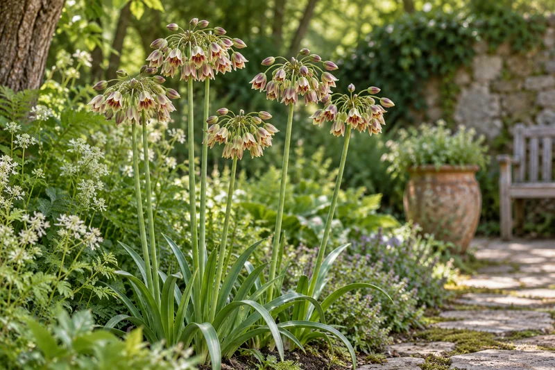 KI-gestaltete spätere Blüte von Allium siculum am passenden Gartenplatz