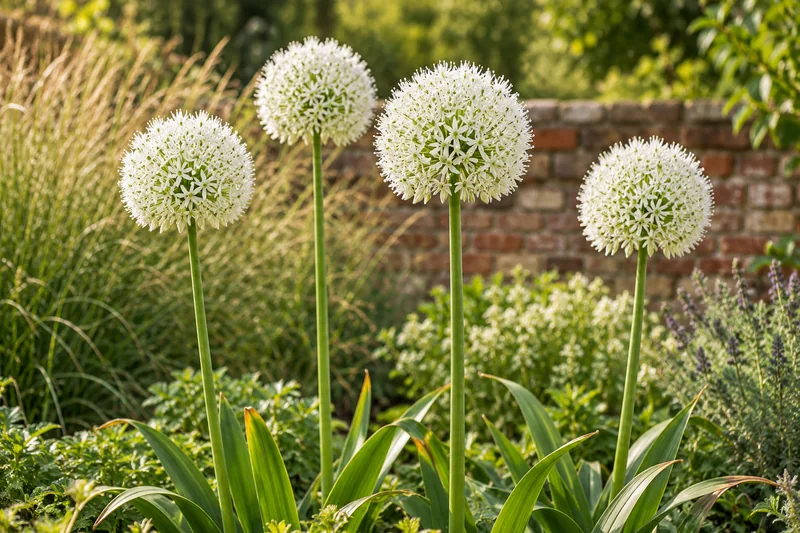 KI-gestaltete Gartenszene der späteren Blüte von Allium 'White Giant'; geliefert werden Zwiebeln
