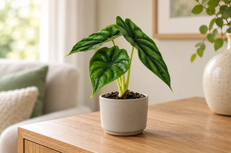 Kleine Alocasia Dragon Scale mit drei dunkelgrünen stark strukturierten Blättern in einem schlichten Übertopf auf einem hellen Holzsideboard