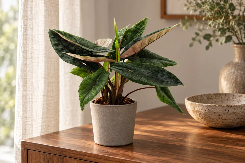 Kleine Alocasia scalprum mit dunklen strukturierten Blättern in einer warmen Wohnszene