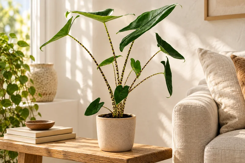 Alocasia zebrina mit gestreiften Blattstielen im beigefarbenen Übertopf auf einer Holzbank neben einem Leinensofa