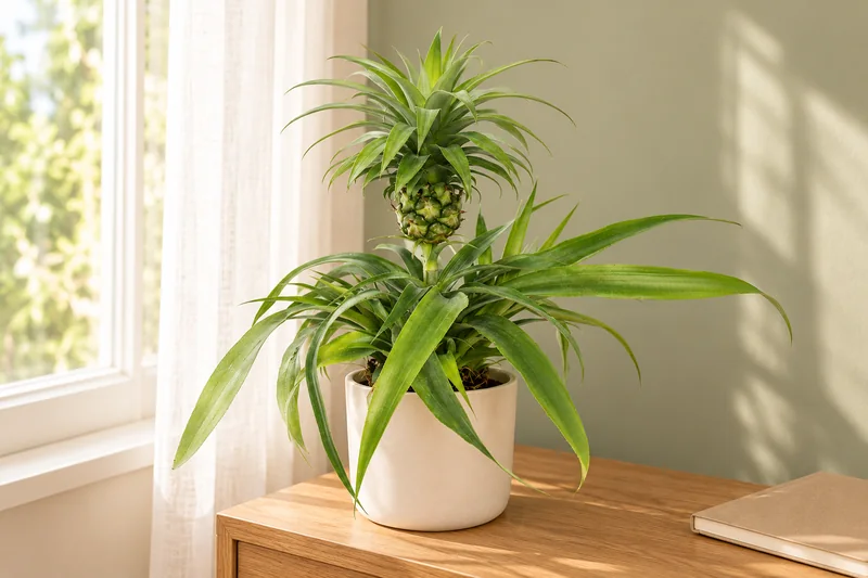 KI-gestaltete bereits fruchtende grüne Zierananas Champaca am hellen Fensterplatz