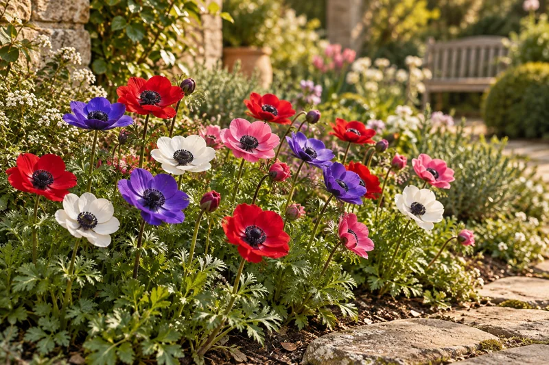 KI-gestaltete spätere Blüte von Anemone coronaria De Caen Group am passenden Gartenplatz