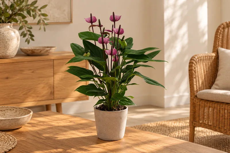 KI-gestaltete Wohnszene mit Anthurium 'Fiorino' nach der zugehörigen Original-Shopaufnahme