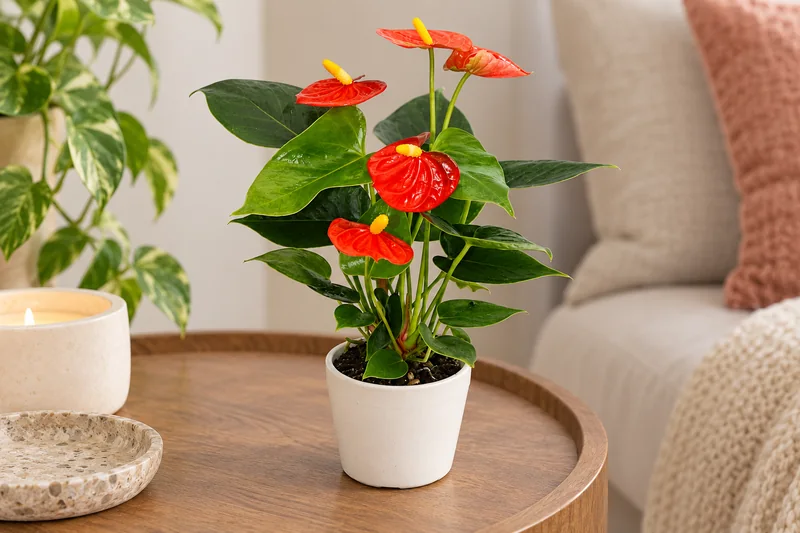 KI-gestaltete Wohnszene mit Anthurium andreanum 'Orange Champion' in den Proportionen der jungen Sortimentspflanze