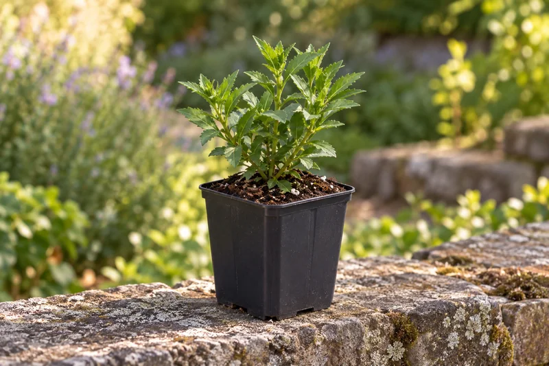 Herbstaster Stardust als einzelne junge Topfpflanze am Gartenplatz; KI-Szene