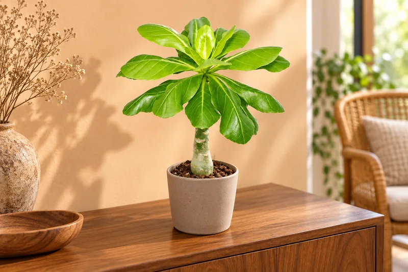 Junge Hawaii-Palme Brighamia insignis mit verdicktem hellem Stamm und glänzender grüner Blattkrone auf einer hellen Wohnkonsole