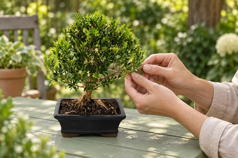 Chinesischer Buchsbaum als Bonsai in einer KI-gestalteten Szene nach dem Original-Shopbild