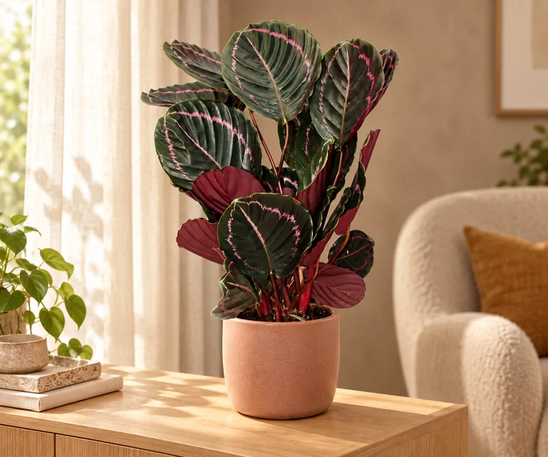Calathea Dottie mit dunklen rosa gezeichneten Blättern im zart terrakottafarbenen Übertopf auf einem hellen Sideboard