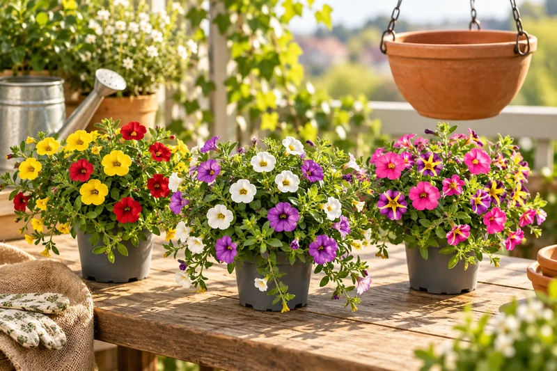 KI-gestaltete Gartenszene mit Calibrachoa · Sortenauswahl in den Proportionen der jungen Sortimentspflanzen