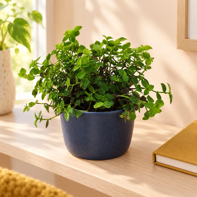 Kleine grüne Callisia repens mit kurzen überhängenden Trieben im dunkelblauen Übertopf auf einem hellen Holzregal