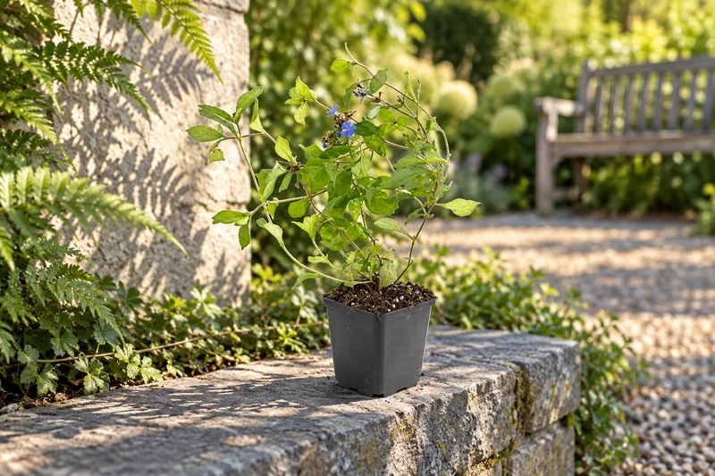 Chinesischer Bleiwurz als kleine Jungpflanze im 9-cm-Topf an einem Gartenplatz