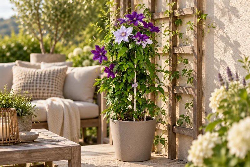 Clematis-Kombination mit hellen und dunkleren violetten Blüten in einem Topf vor einer Terrassenrankhilfe, KI-Szene
