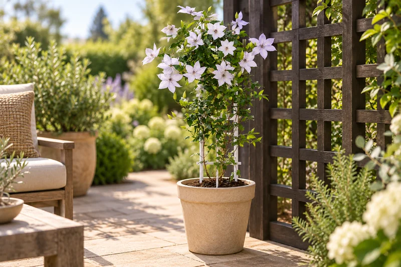 Junge Clematis mit hellen Blütensternen im Terrassenkübel vor einer schlanken Rankhilfe, KI-Szene