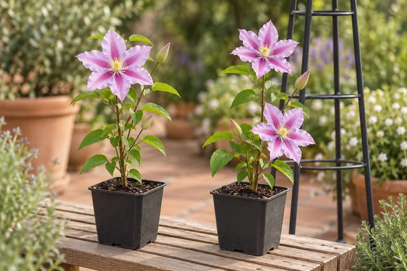 Clematis Piilu als junge Kletterpflanzen im 2er-Set an einem Gartenplatz; KI-gestaltete Szene