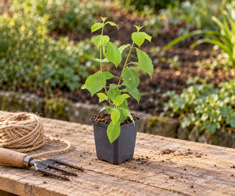 Junger grüner Hartriegel im quadratischen Kulturtopf auf einer Gartentischfläche neben Pflanzschnur und Handgabel; KI-gestaltete Szene