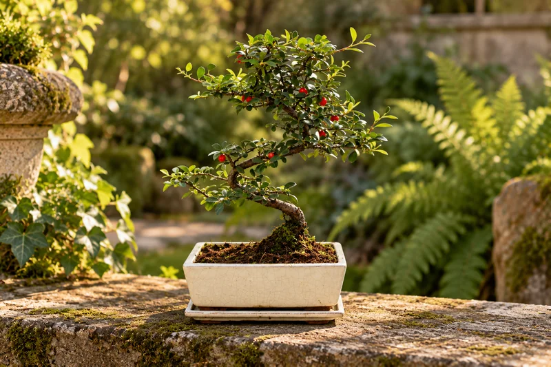 KI-gestaltete Gartenszene mit Cotoneaster in den Proportionen der jungen Sortimentspflanzen
