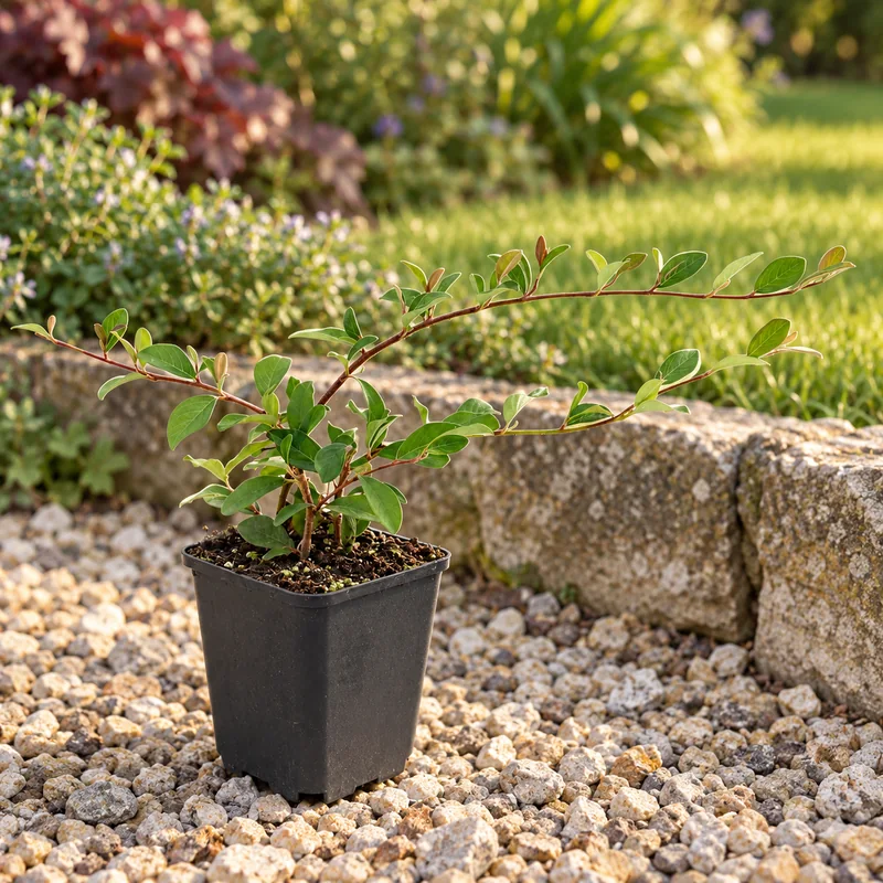 Teppich-Zwergmispel in KI-gestalteter Gartenansicht. Eine kleine fruchtlose Einzelpflanze vor dem Einsetzen an einer niedrigen Gartenkante.